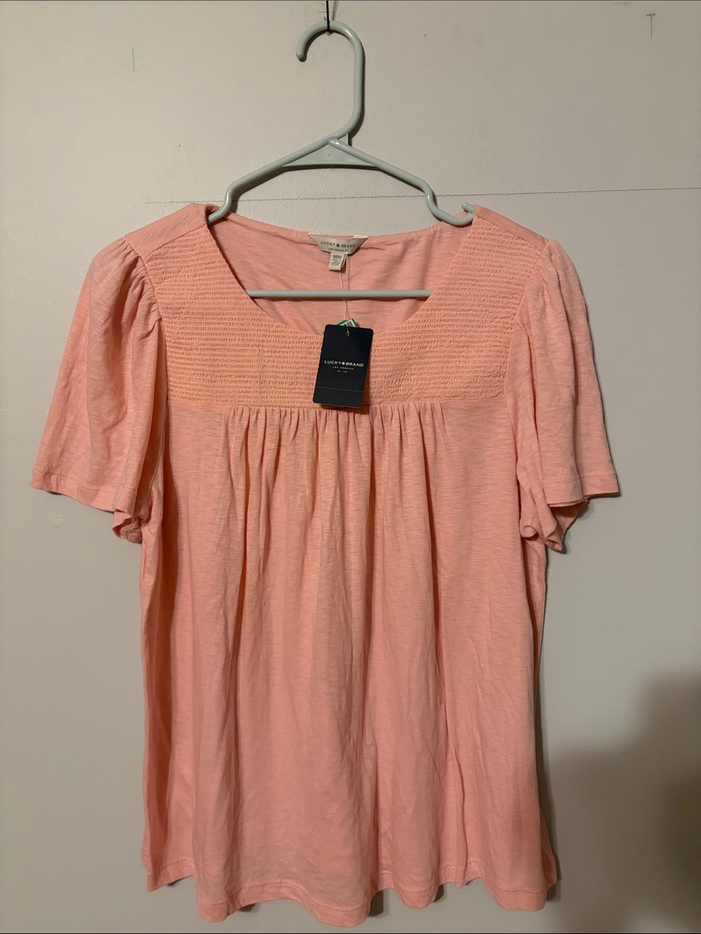 Lucky Brand Peach Pink Smocked Yoke Short Sleeve Top. Med. Cotton/modal.NWT